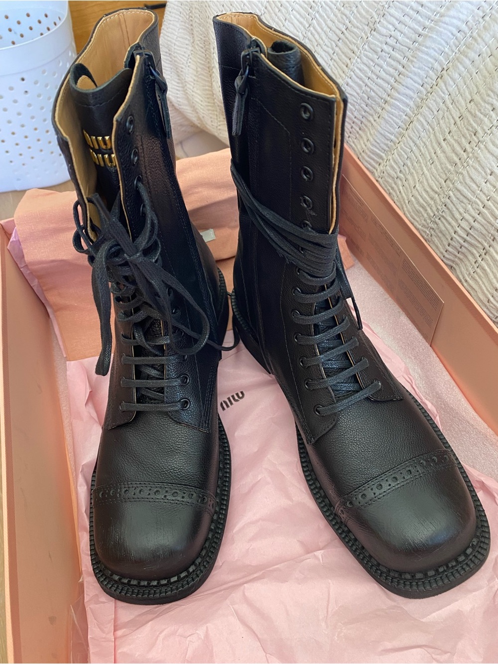 Miu Miu Black Leather Lace-Up Brogue Combat Boots